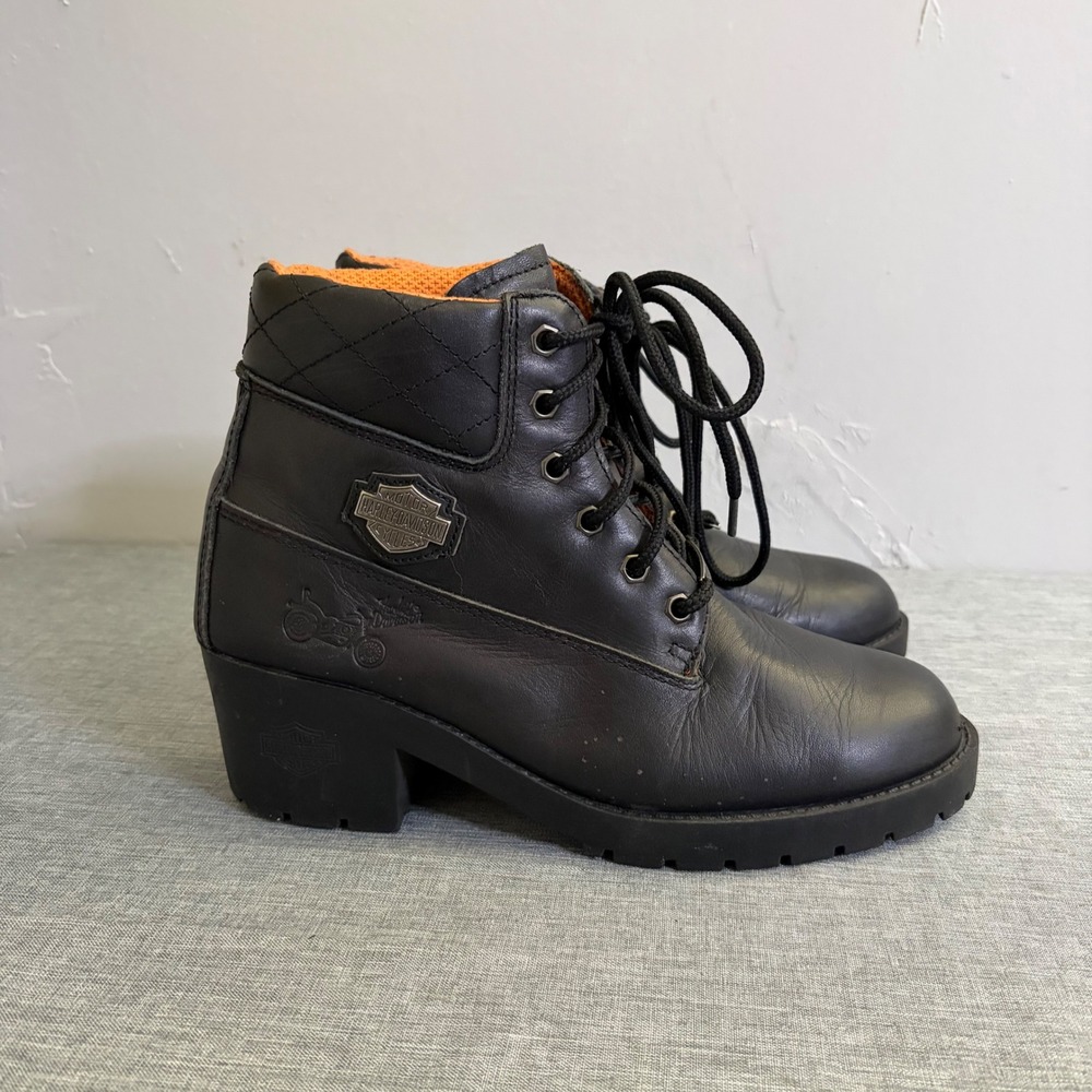 Harley-Davidson‎ Boots Women 8.5 Black Leather 28890 Lace Up Moto Biker Heeled
